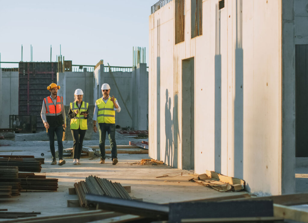 A group of contractors walking with a specialist on a construction site.